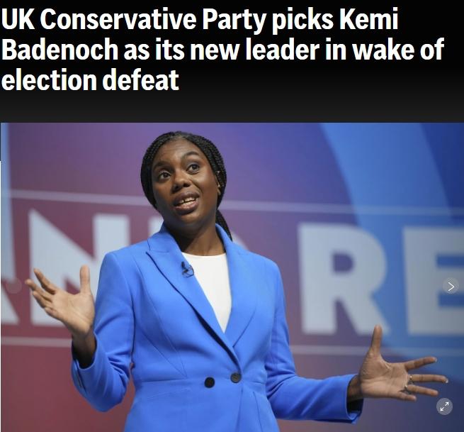 凯米·巴德诺赫当选英国保守党新任党首