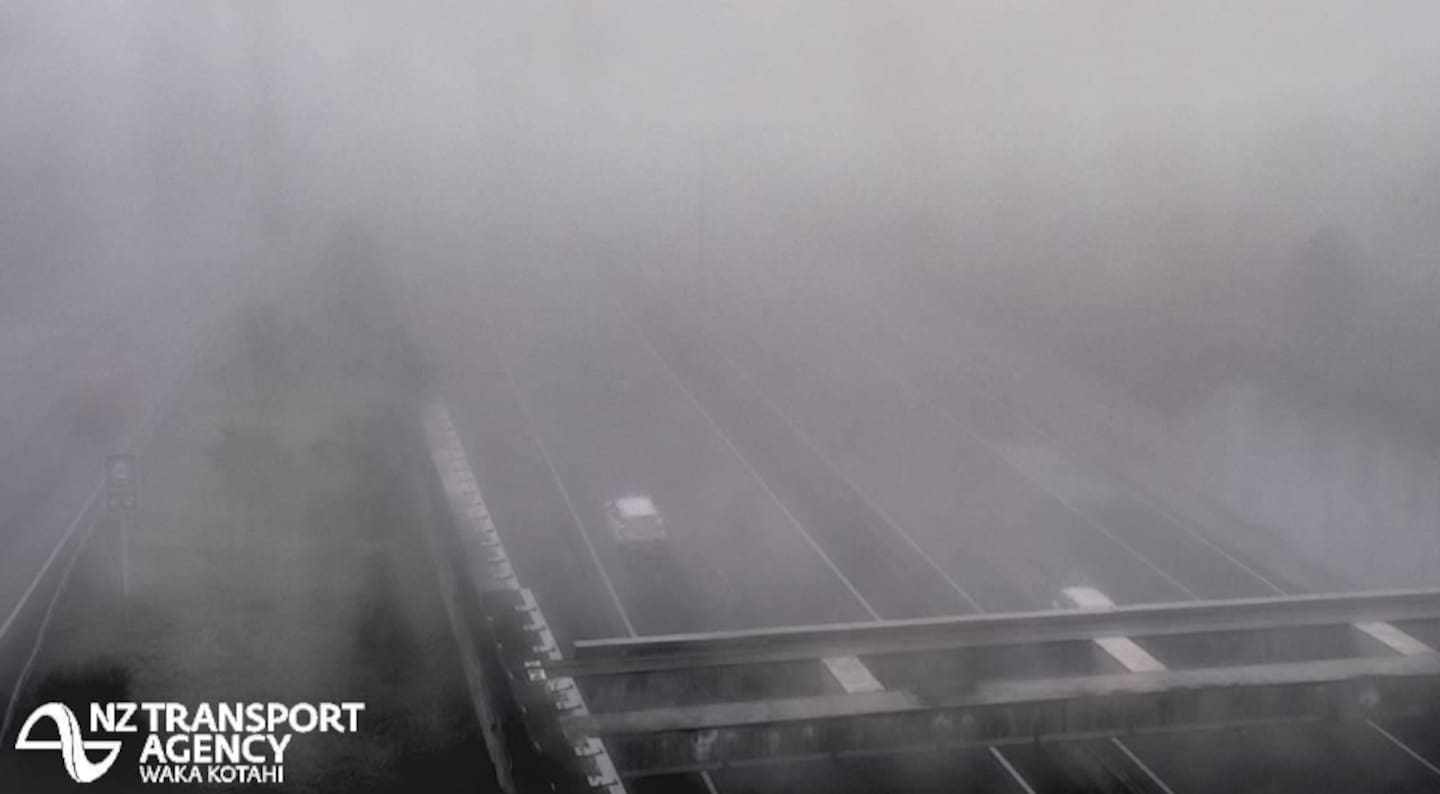 State Highway 20 cameras showing thick fog close to Auckland Airport. Photo / NZTA