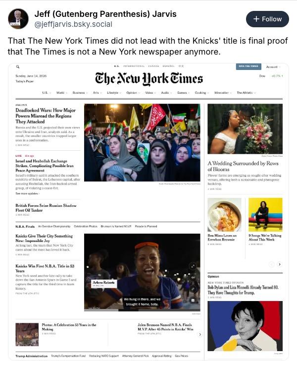 An emeritus journalism professor at CUNY posted a screenshot of the New York Times.