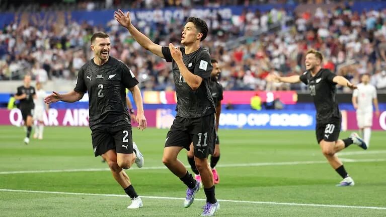 Elijah Just celebrates his second goal against Iran at the FIFA World Cup.