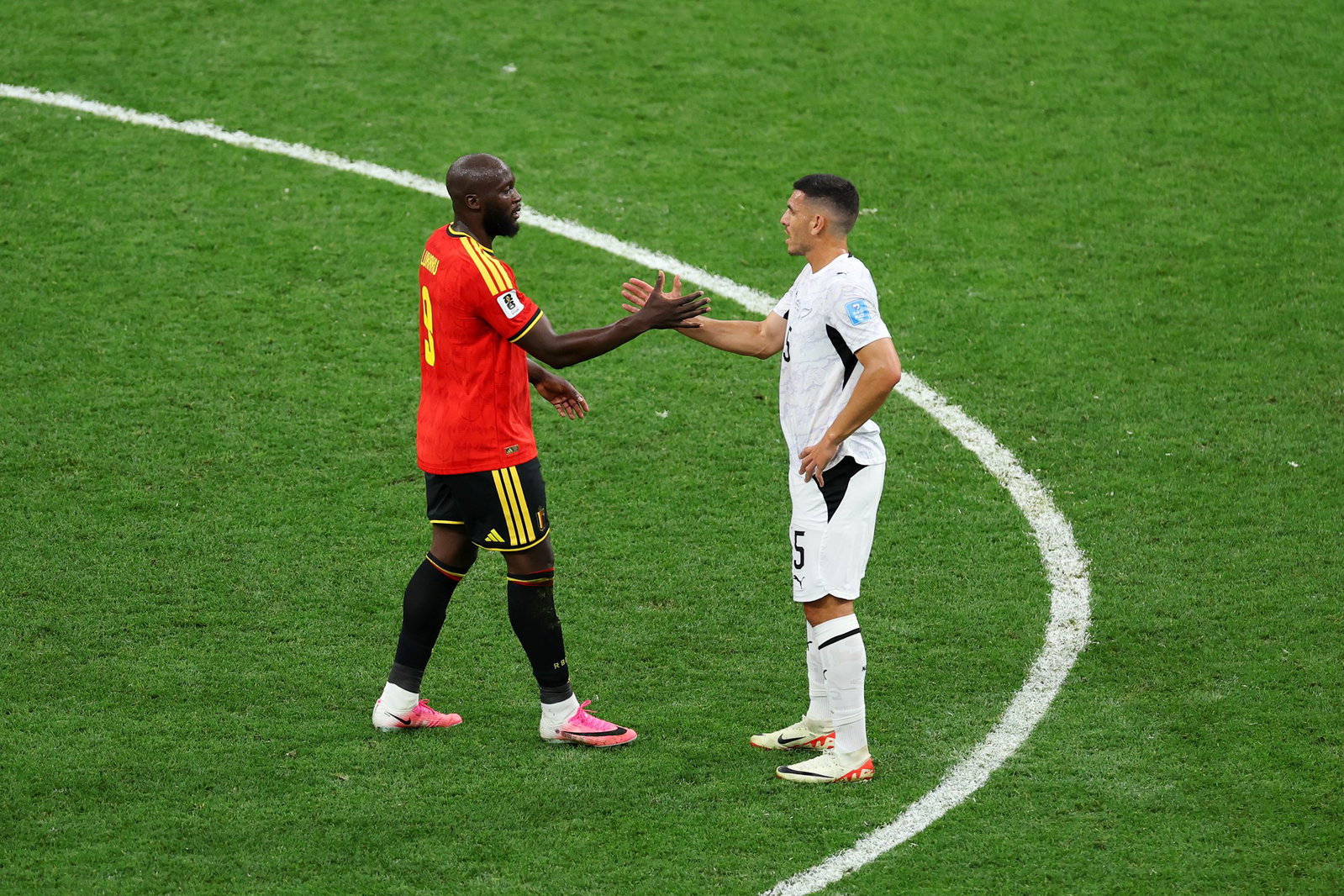 Romelu Lukaku and Michael Boxall shake hands at full time