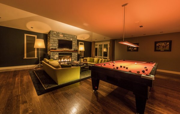 Pool game and fireplace