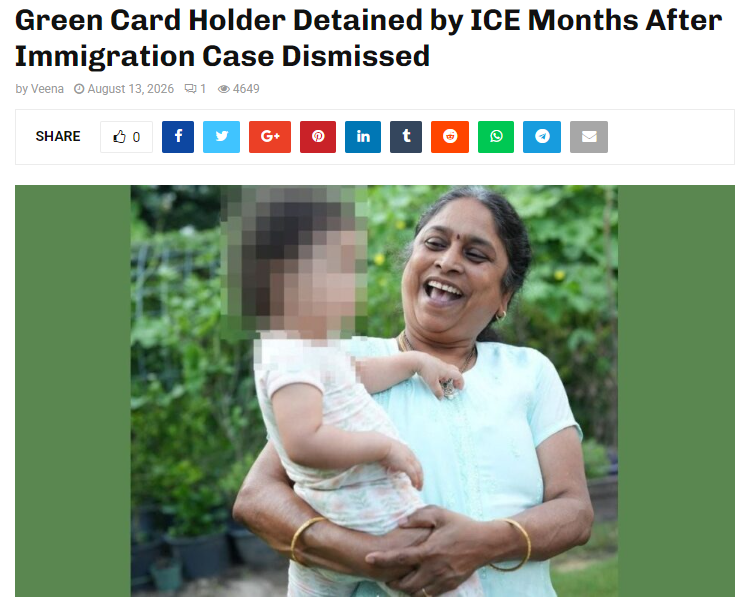 女子回国照顾父母7个月，返美绿卡身份突生变！在美27年，如今已被ICE拘留