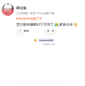 今早,DeepSeek突然崩了!网友崩溃:我的工作怎么办?