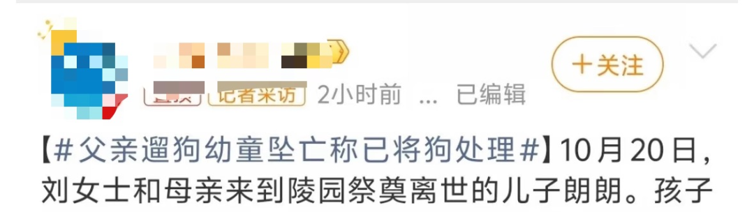 父亲出门遛狗时孩子坠亡，他面对指责：我已将狗处理了