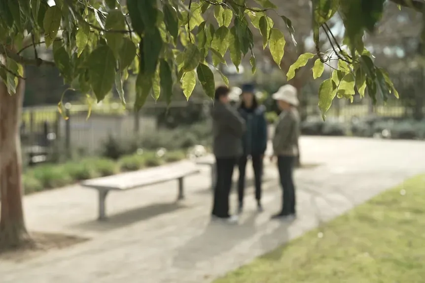 Three Asian women standing in a park.