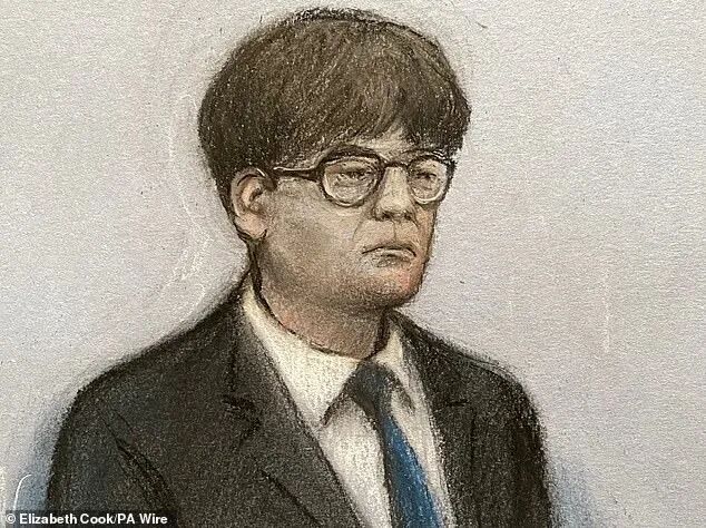 Court artist drawing by Elizabeth Cook of Zou appearing at Inner London Crown Court