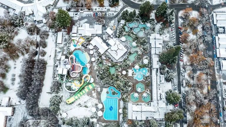 Snow covering Hamner Springs Thermal Pools in Canterbury