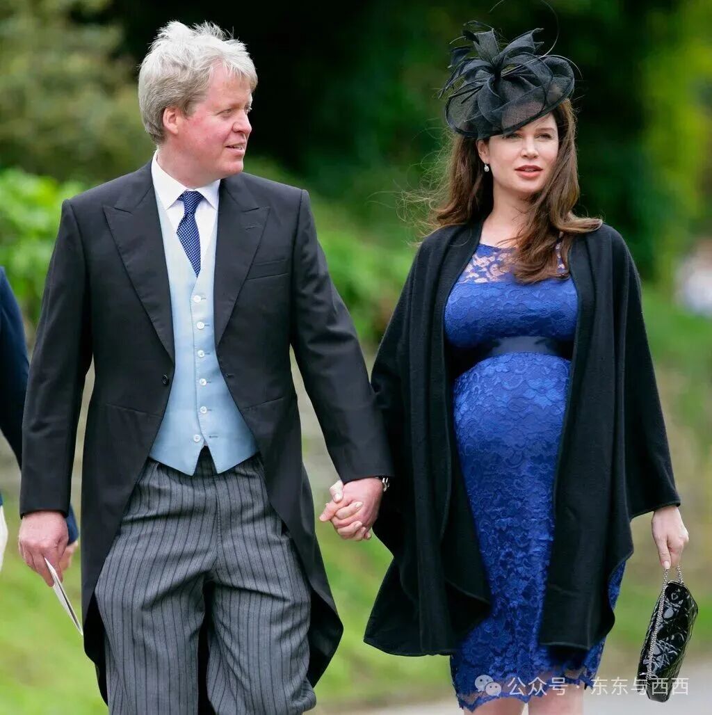 Earl Charles Spencer and his then-heavily pregnant wife Karen Spencer at the wedding of Emily McCorquodale and James Hutt in 2012, in Grantham, England. Photo: Getty Images