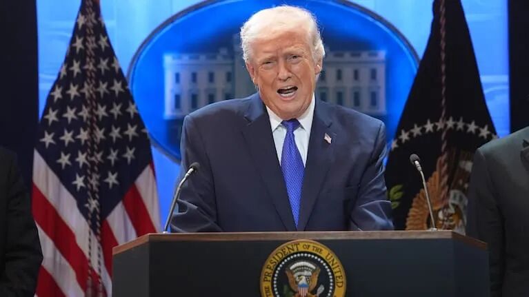 US President Donald Trump speaks from the White House Briefing Room.