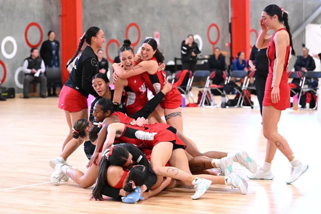 Ecstasy for Howick College after claiming the national netball crown, the school's third major title in 2024. Photo / Joe Allison, Michael Bradley Photography