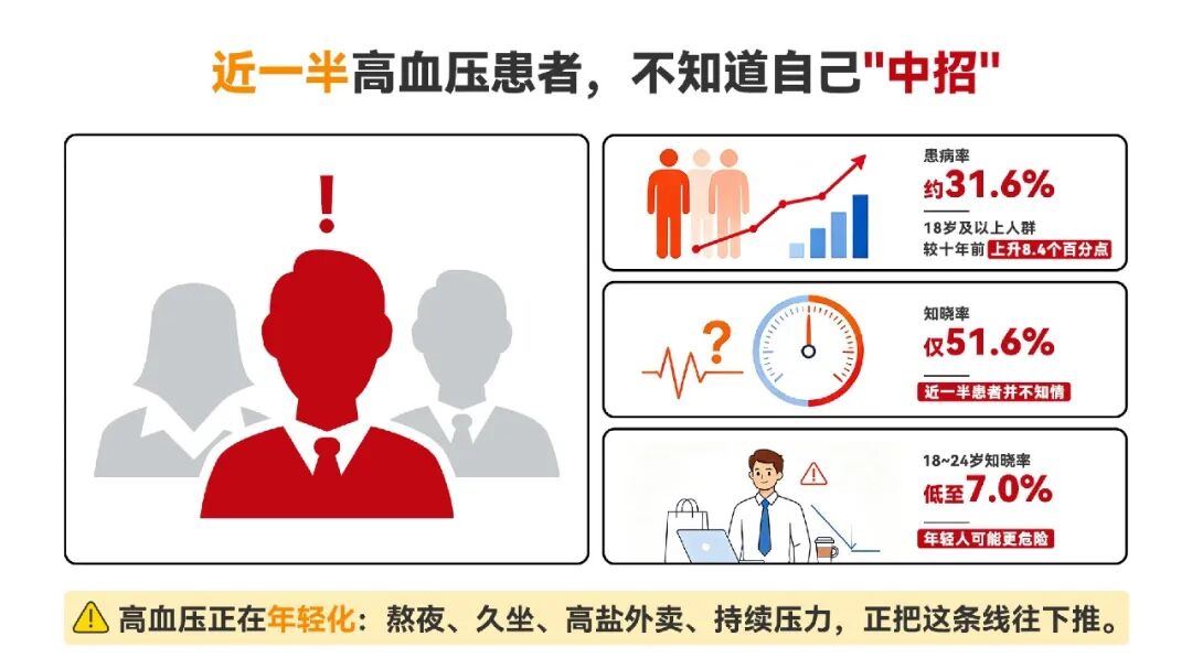 别把“眼前一黑”当累了!3个成年人就有1个高血压,近一半人却不知道