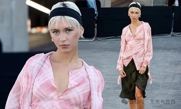 Iris Law wears a pink checked blouse with a ruffled midi skirt as Burberry launches latest collection during London Fashion Week | Daily Mail Online