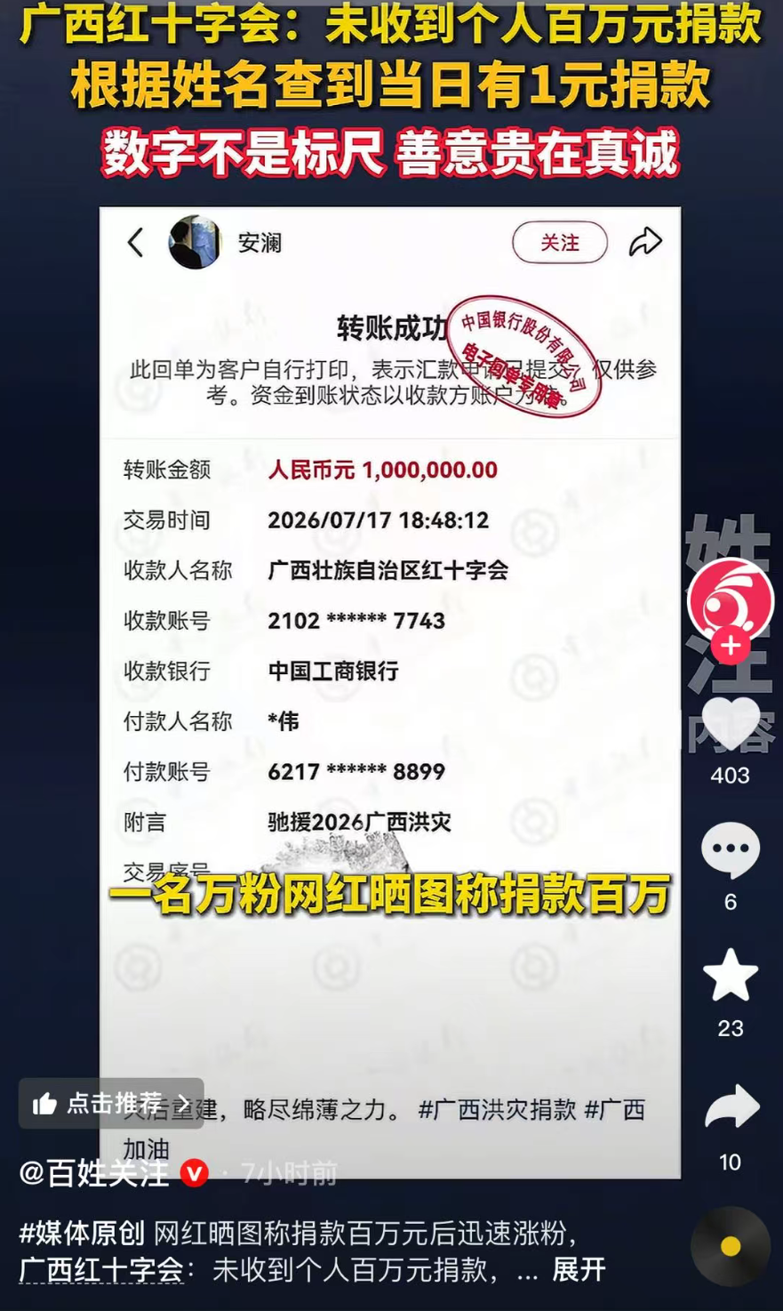 某“网红”发截图称捐款百万,实际只捐1元……