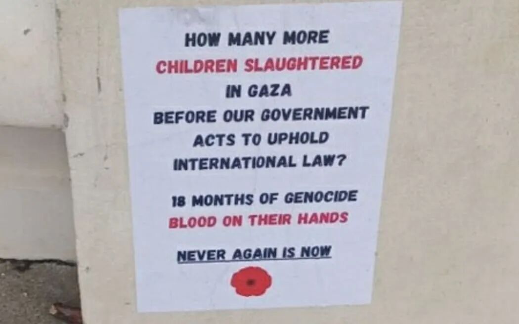 Vandalism at the fountain in Mission Bay on Anzac Day, with posters by Gaza protesters.