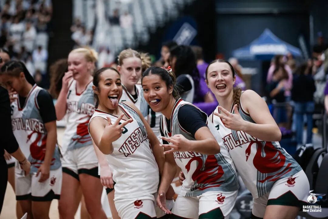 Westlake Girls' High School celebrate their third straight national basketball title. Photo / BBNZ
