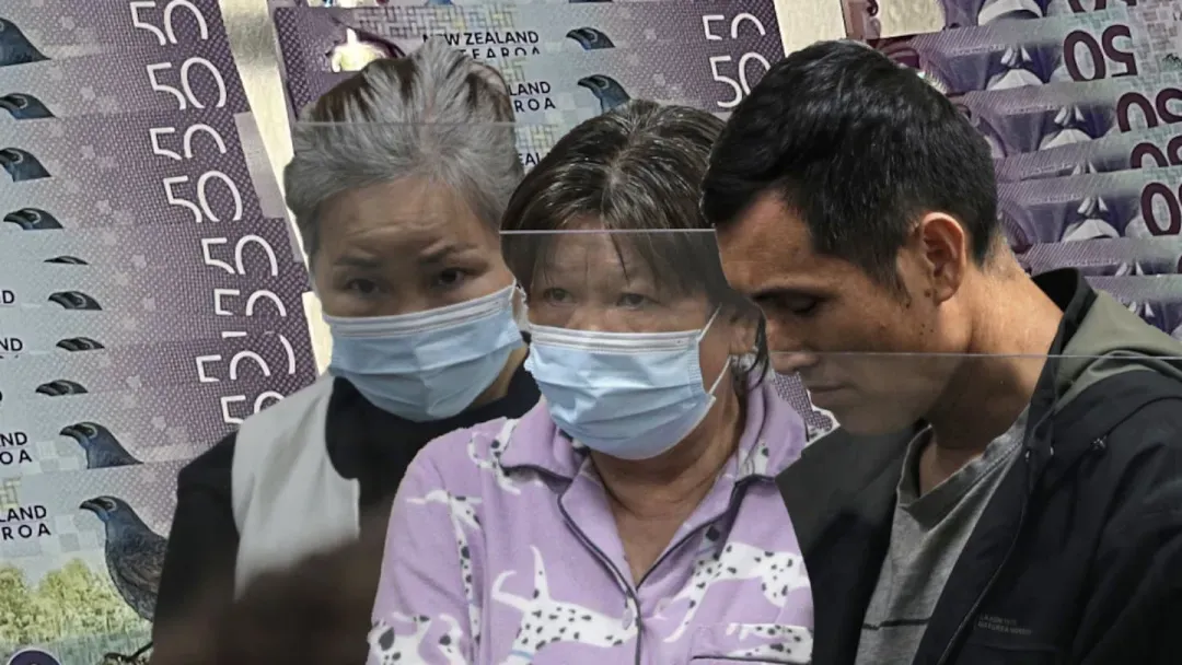 Chinese swindlers Huanyan Chen (left), Baodi Wu and Guoli Liang appear in Auckland District Court. Background: some of the cash seized by police as the trio tried to flee New Zealand. Photos / Alex Burton and supplied